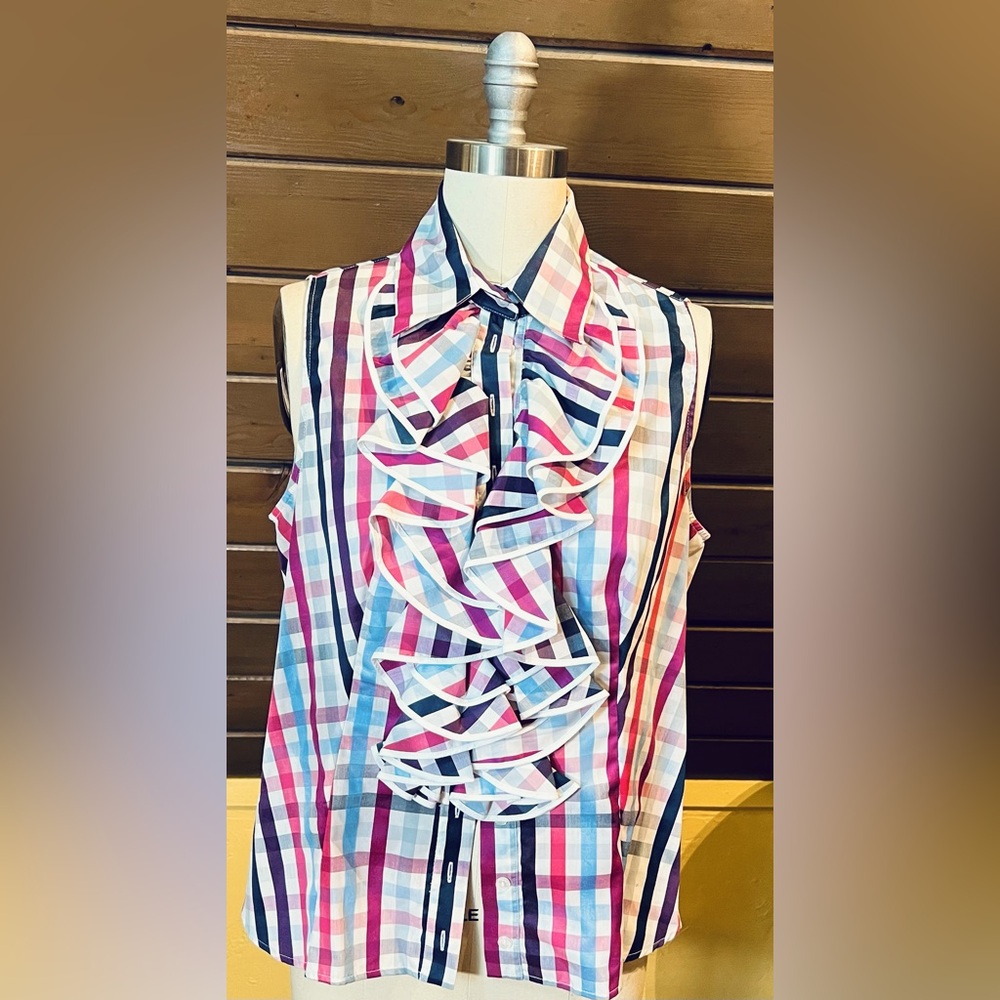Anne Fontaine sleeveless plaid ruffle neck button down blouse with cinched back